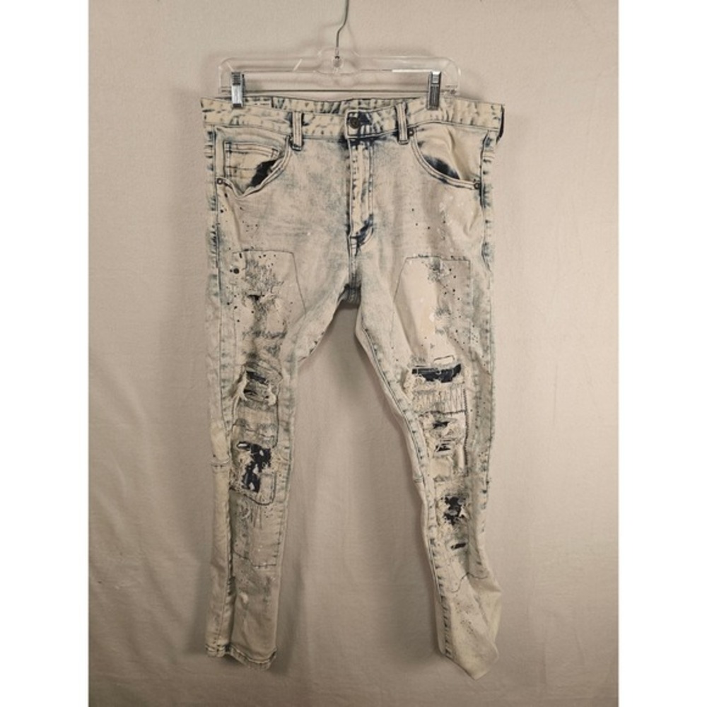 Smoke Rise Dnm Co. Distressed Ripped Jeans Paint Splatter Light Wash Denim Men's